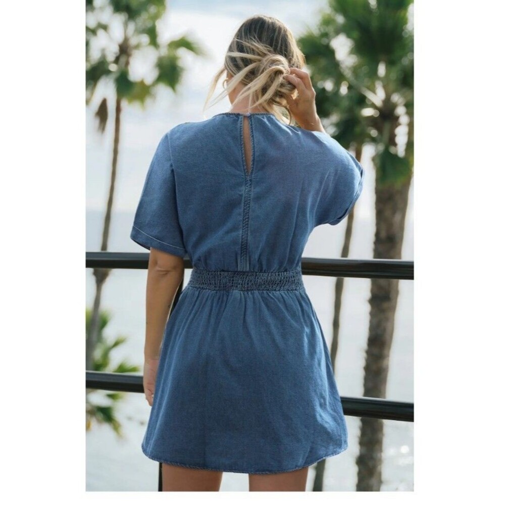 NWT CUPSHE Denim Mini Dress Women’s V Neck Smocked Waist Short Sleeve XL - Picture 6 of 12